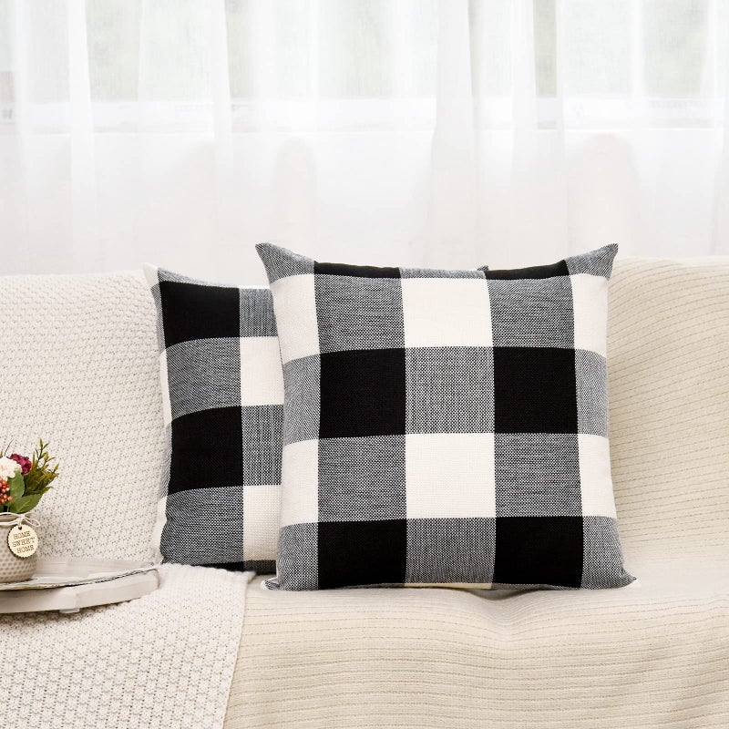 Tosewever Set of 2 Buffalo Check Plaid Pillow Covers  Farmhouse Rustic Pillow Cases  Cotton Linen Throw Pillow Covers Cushion Case for Home Decor Car Bed Sofa Couch (16"" x 16""  2 Pack Black & White) - Image 3